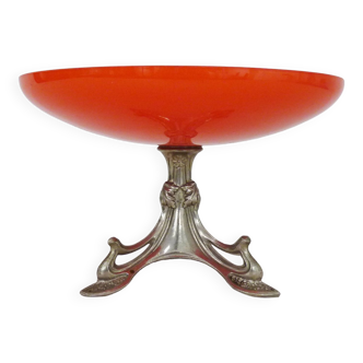 Centerpiece, Art Nouveau orange opaline fruit bowl and spelter foot