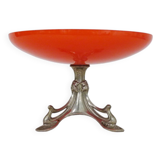 Centre de table, coupe à fruits Art Nouveau opaline orange et pied en régule