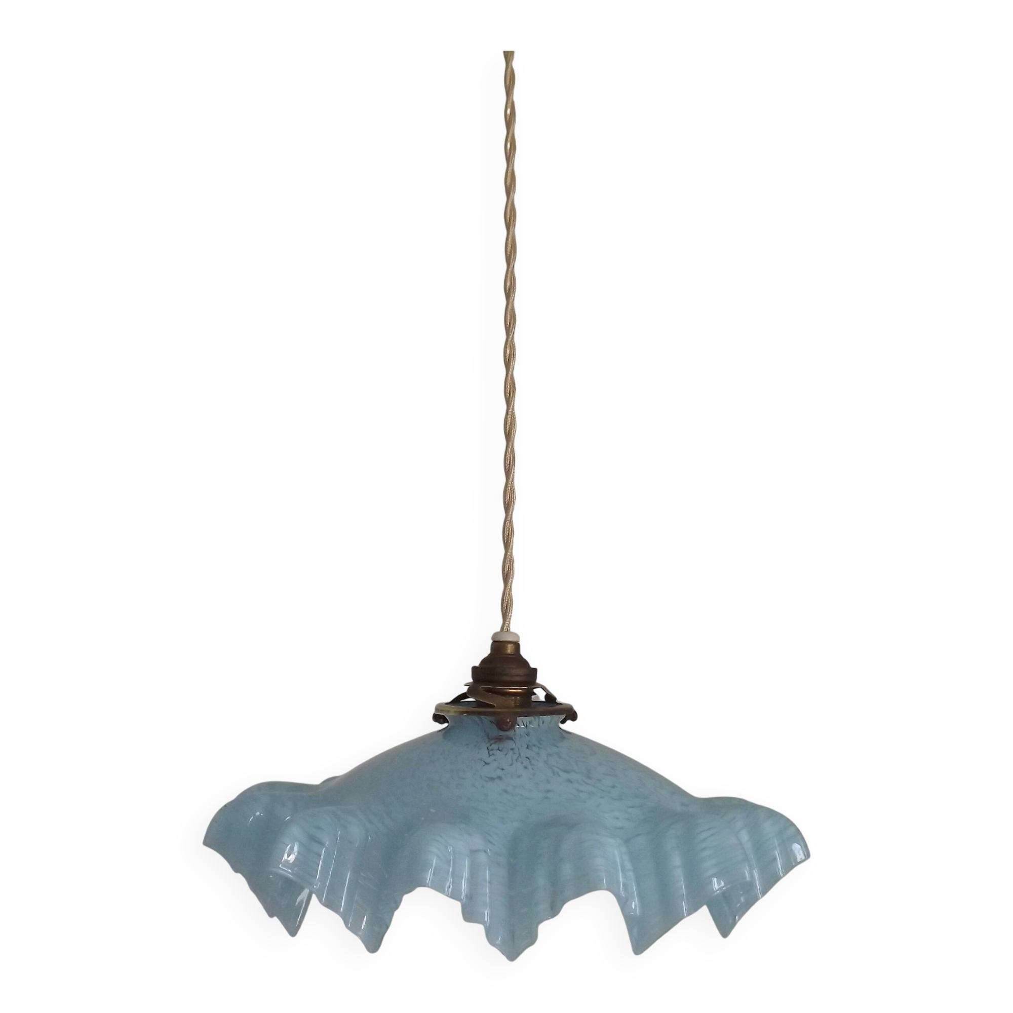 French Vintage 1930s Pale Blue Frilled Clichy Glass Lampshade Ceiling Light