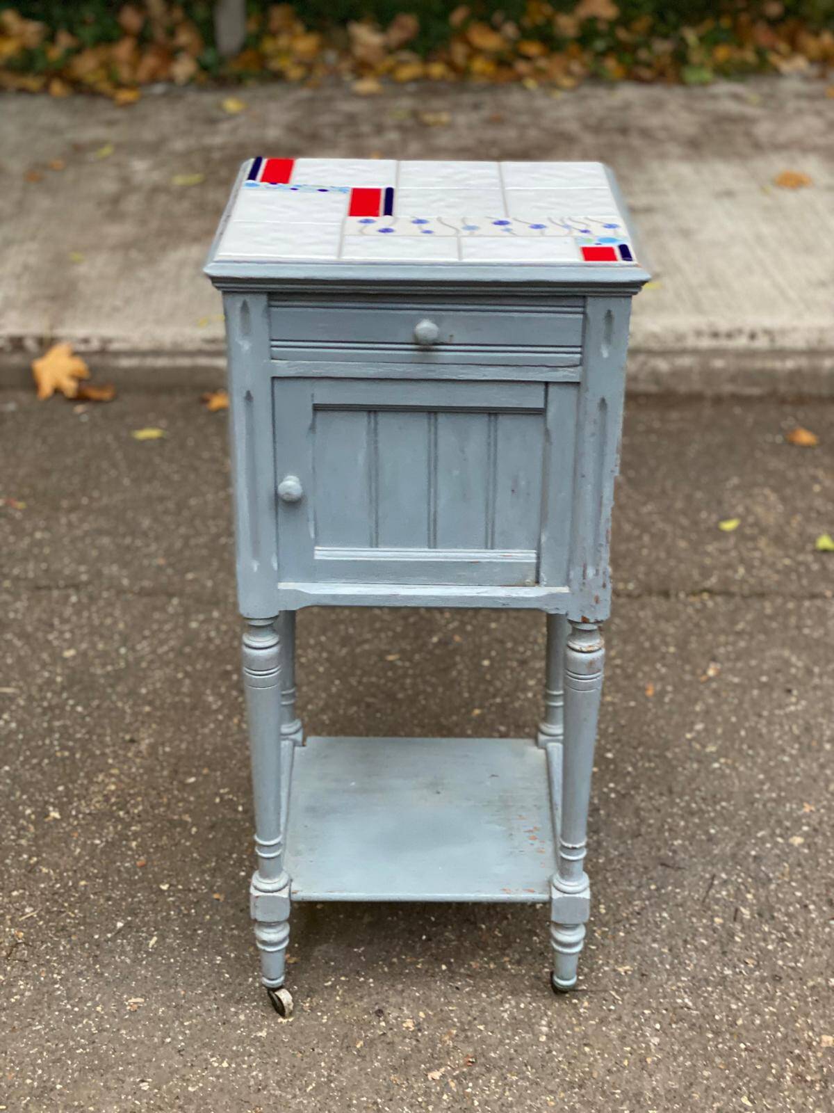 Henri II bedside table in solid grey wood and marble