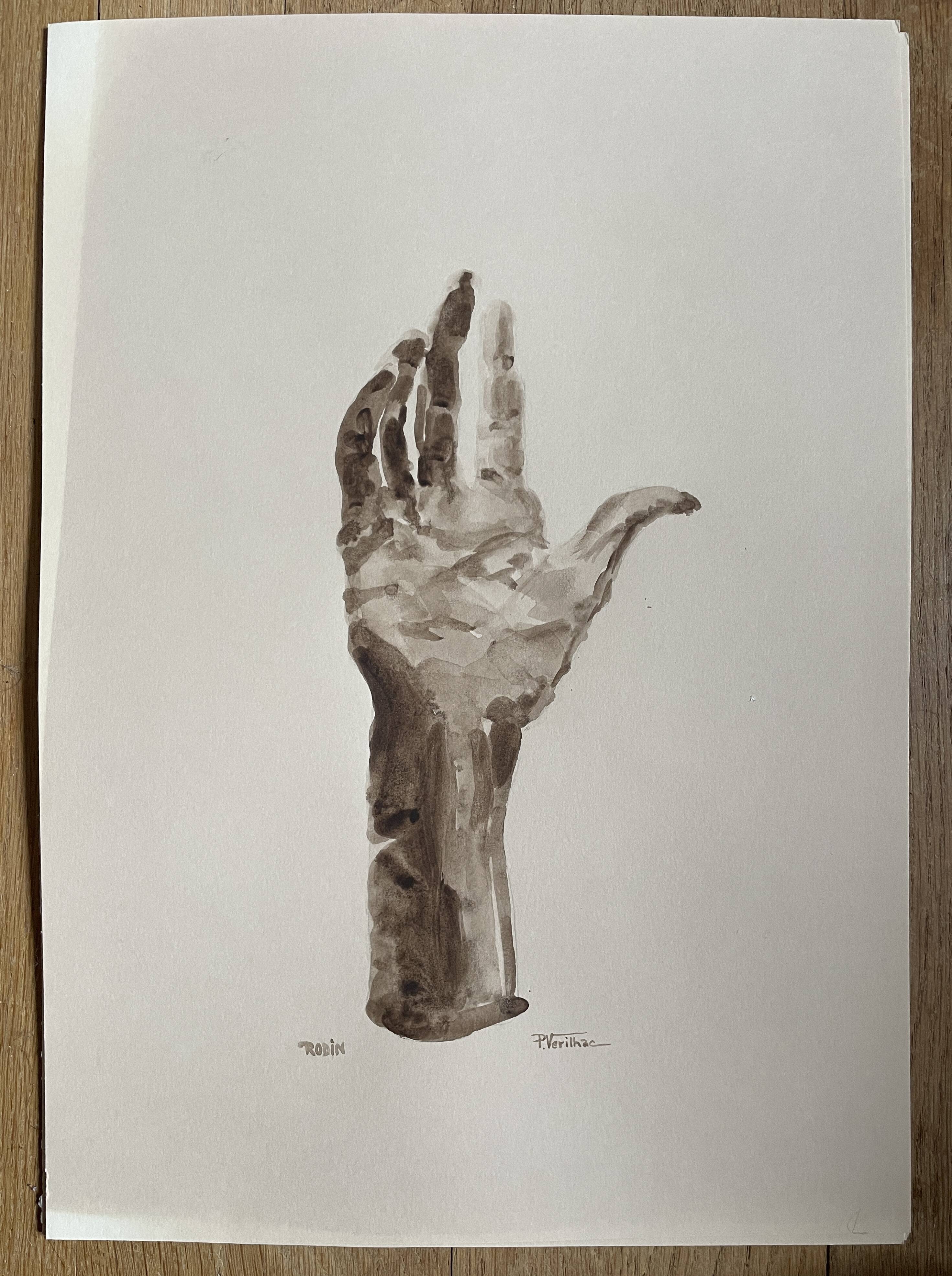 Painting signed watercolor monochrome sepia study statue “the hand reveals the man”