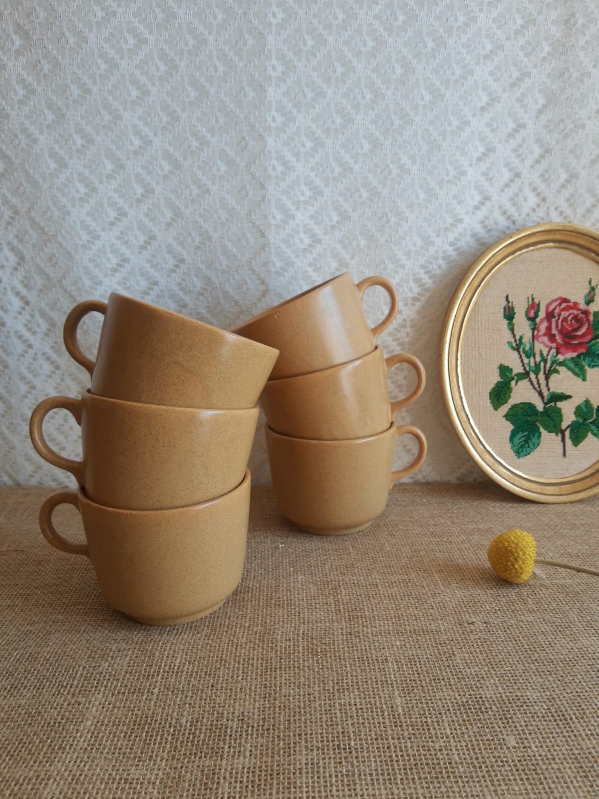 Set 6 coffee cups in sarreguemines sandstone france vintage