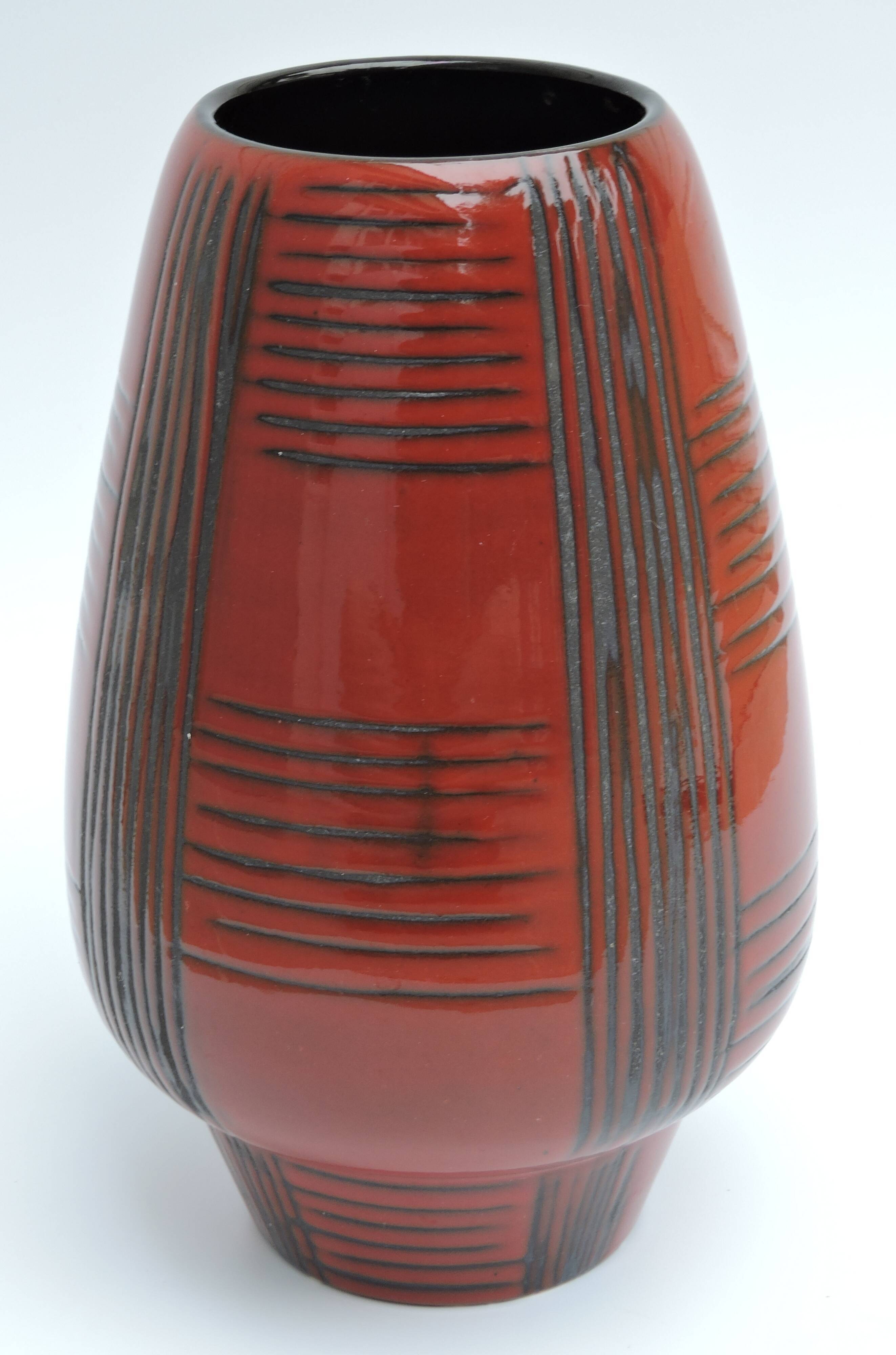 Vintage red ceramic vase scarified decoration elchinger 50' signed