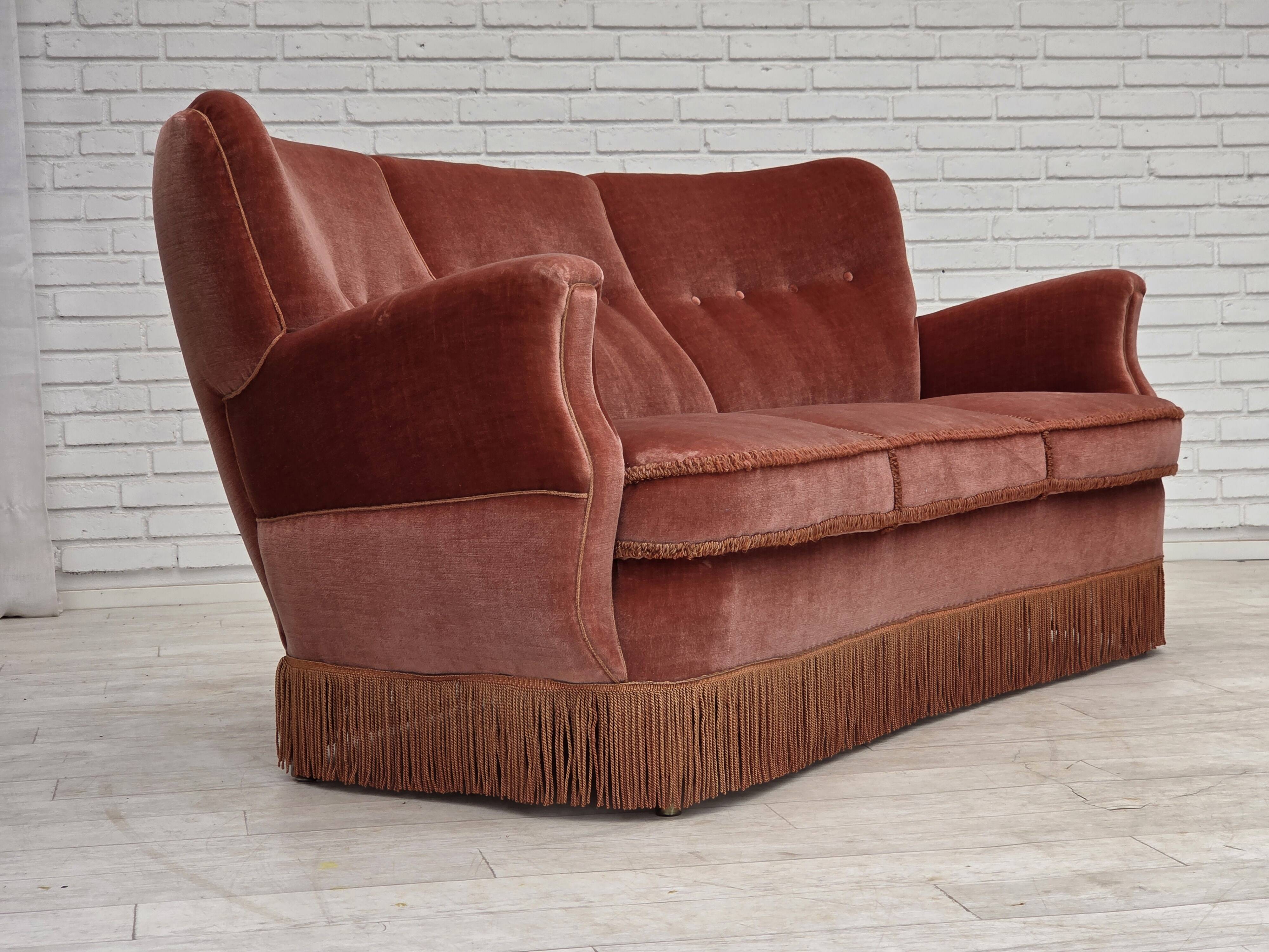 1970s, 3-seater Danish curved sofa, pink furniture velour.