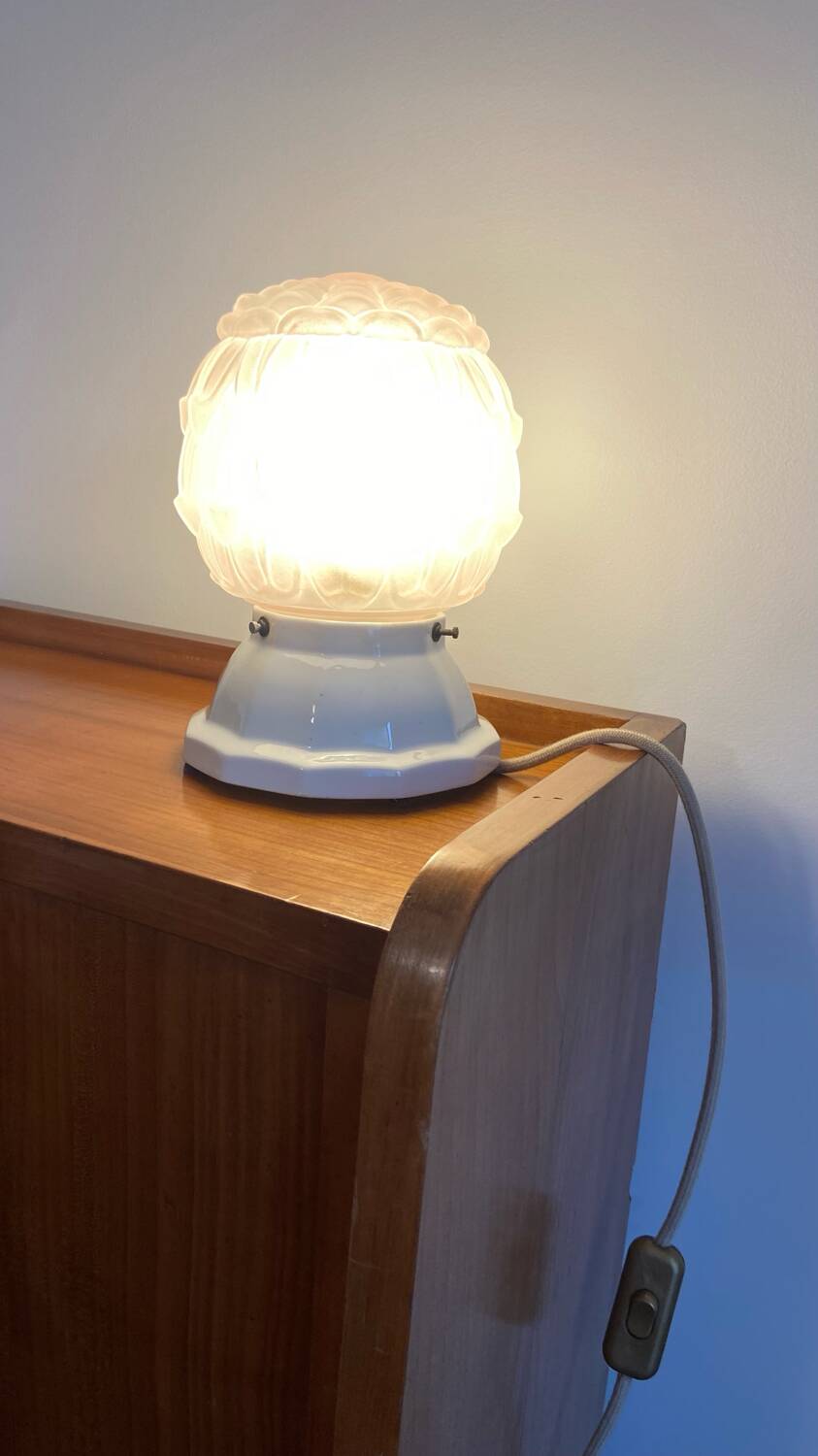 Art Deco powder pink globe lamp and porcelain base