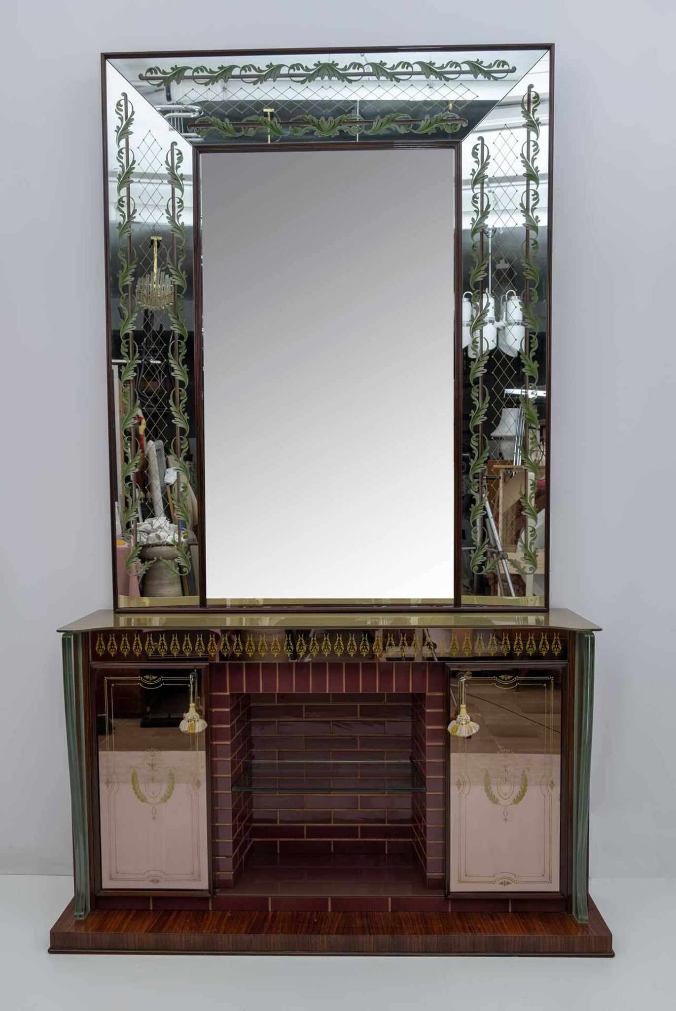 Luigi Brusotti Mid-Century Modern Italian Bar Cabinet with Decorated Mirror