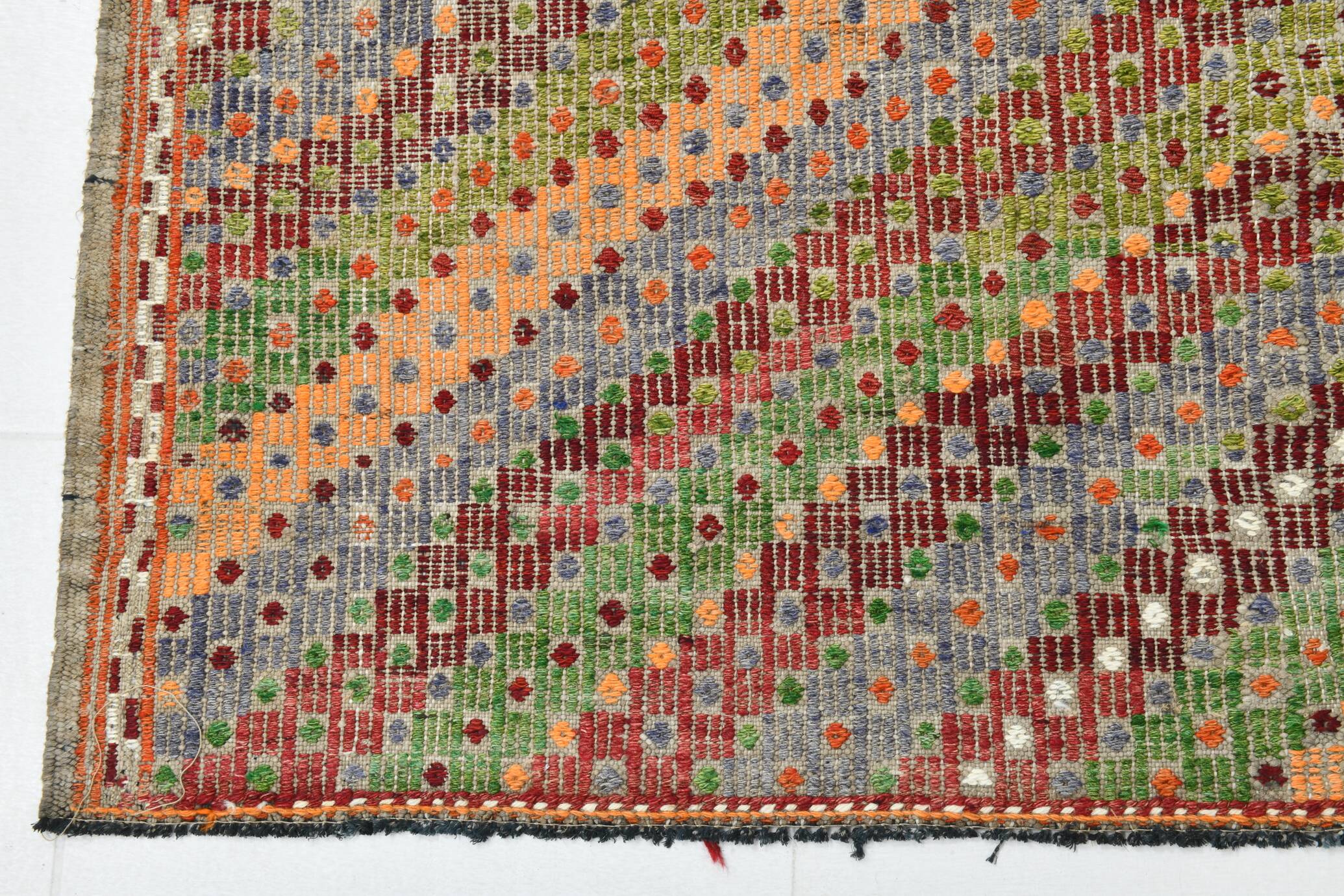 Tapis Kilim vintage vert et orange 7x9, 203x263 cm