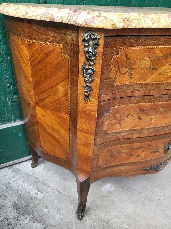 CURVED MARQUETRY CHEST WITH MARBLE TOP 3 ROSEWOOD DRAWERS