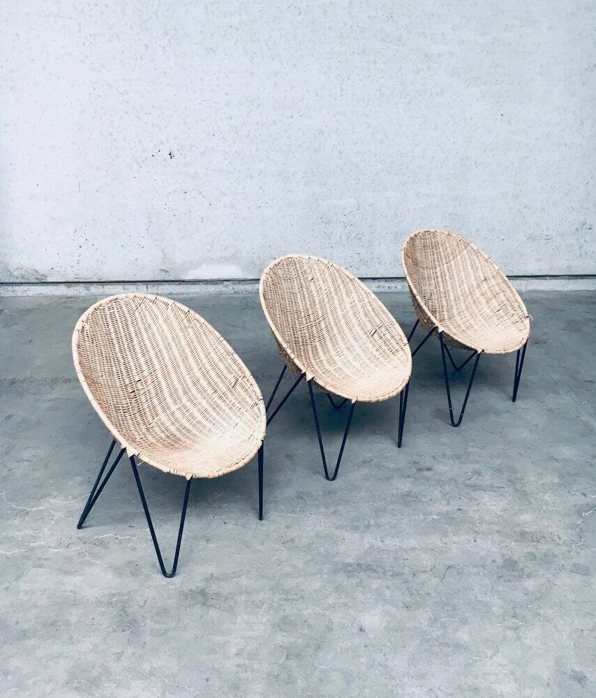 Mid-Century Modern Design Egg Basket Wicker Chairs, Italy, 1950s, Set of 3