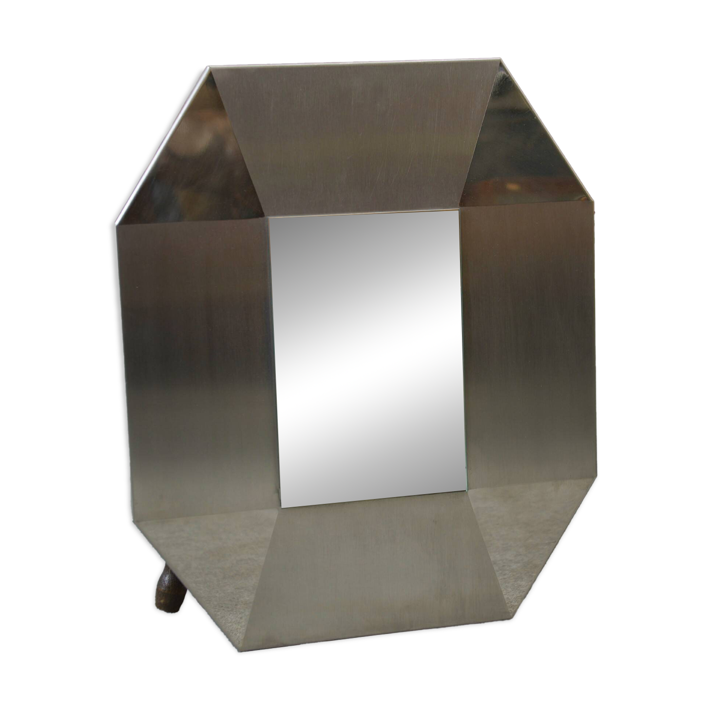 Designer mirror in brushed and chrome-plated stainless steel, beveled glass, 1970s