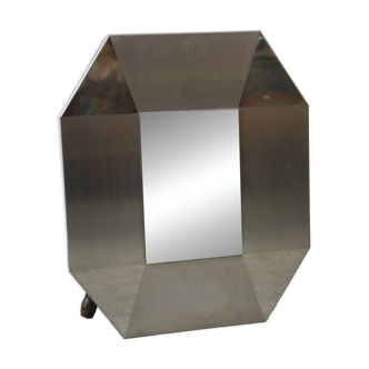 Miroir design en acier inoxydable brossé et chromé, verre biseauté 1970's