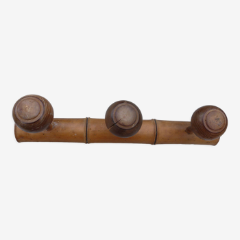 Wooden coat rack turned in imitation of bamboo, 3 hooks, 1900s