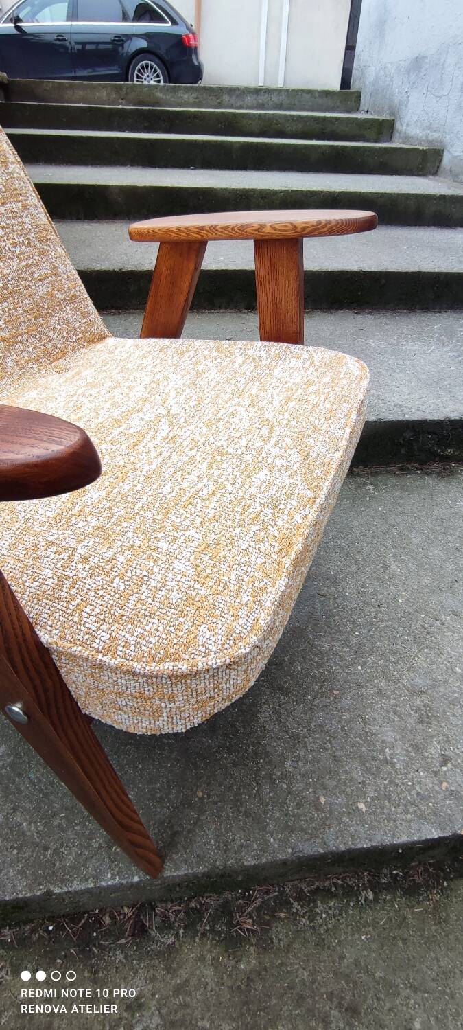 Vintage armchair oak wood yellow melange 1962 design by Chierowski renovated