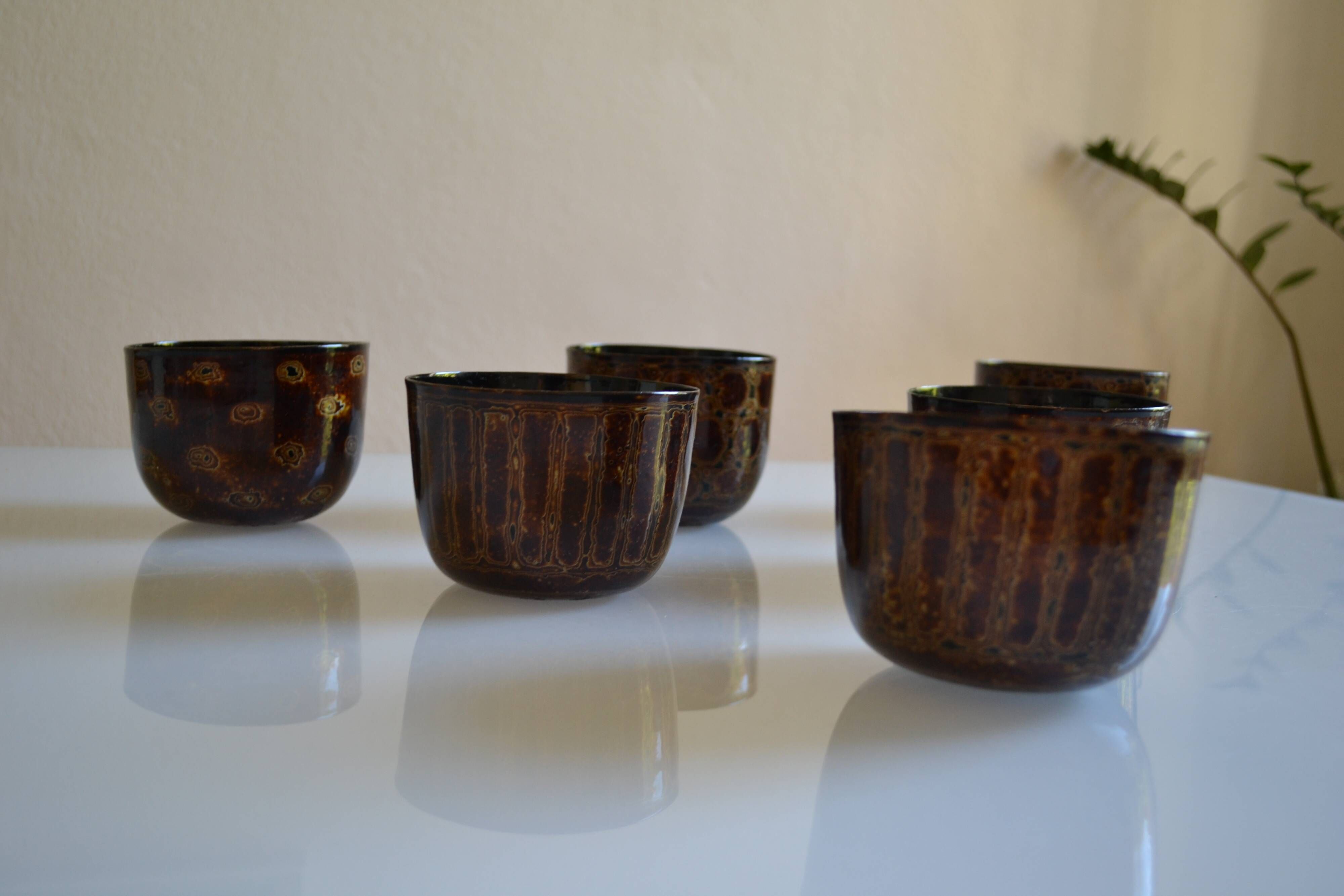 Set of 6 traditional bowls Burmese craftsmanship lacquered bamboo horsehair