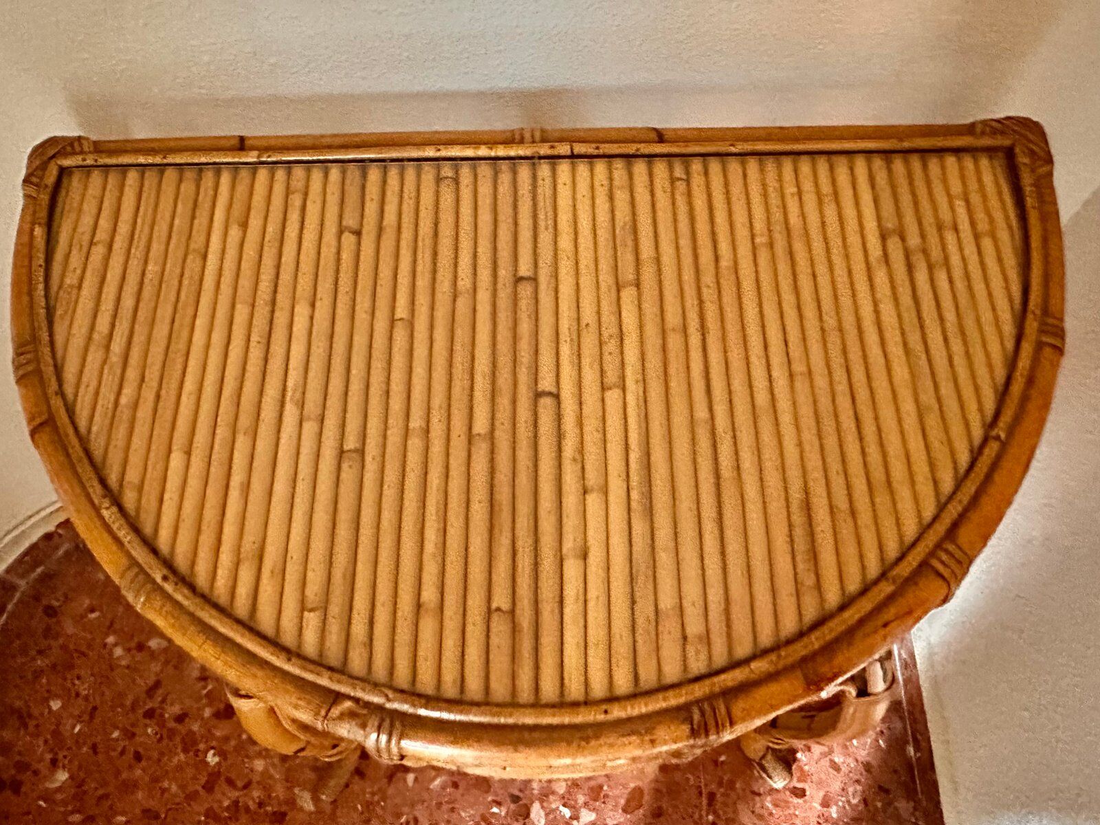 Curved half-moon console in rattan and bamboo with mirror by Vivai del Sud, Italy, 1960s.