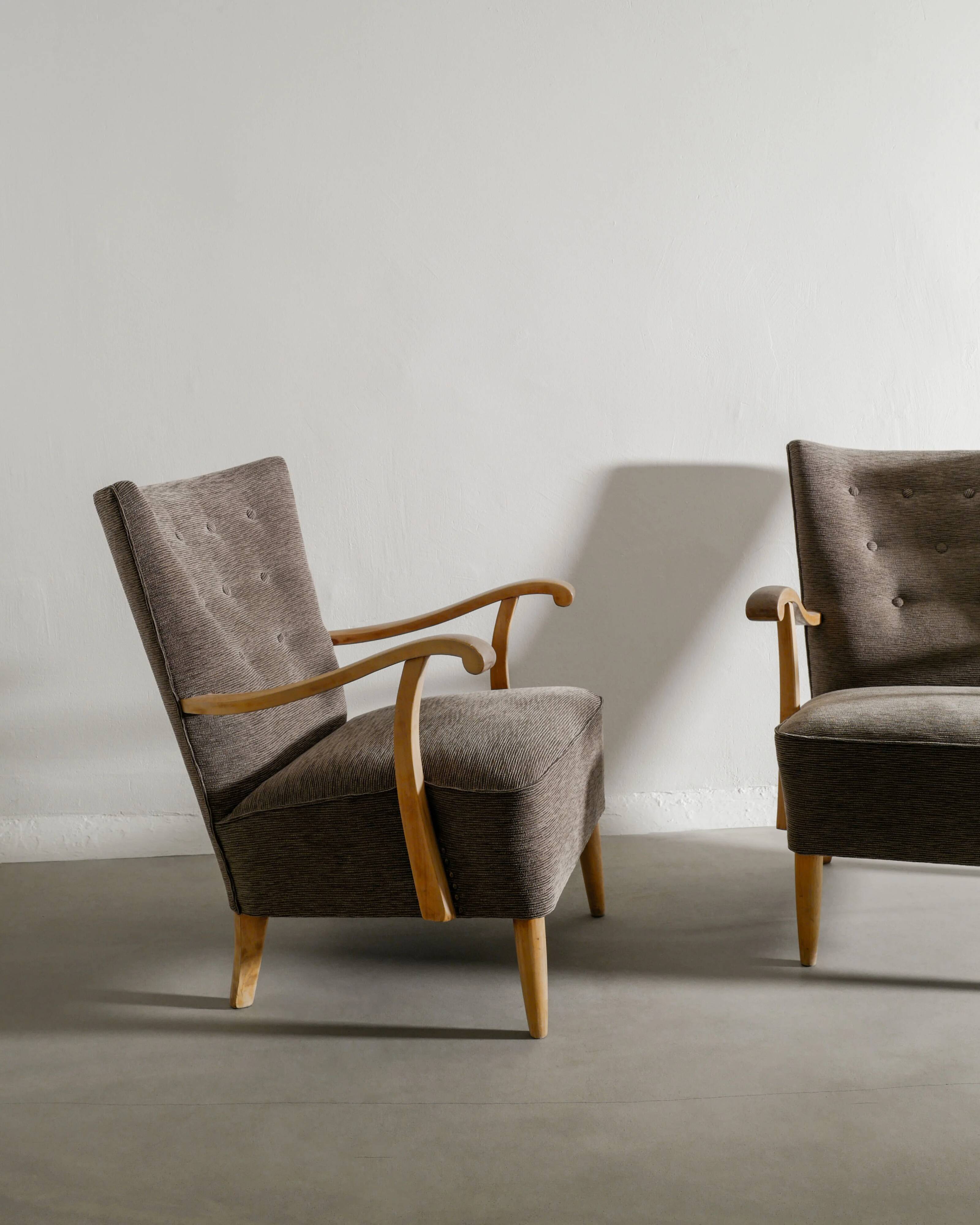 Vintage Swedish Mid Century Modern Wooden Grey Armchairs, 1940s