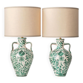 Paire de lampes de table en céramique de style espagnol de Grenade, nouveaux abat-jours en lin