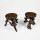 Pair of tripod stools with vine legs, oak top.