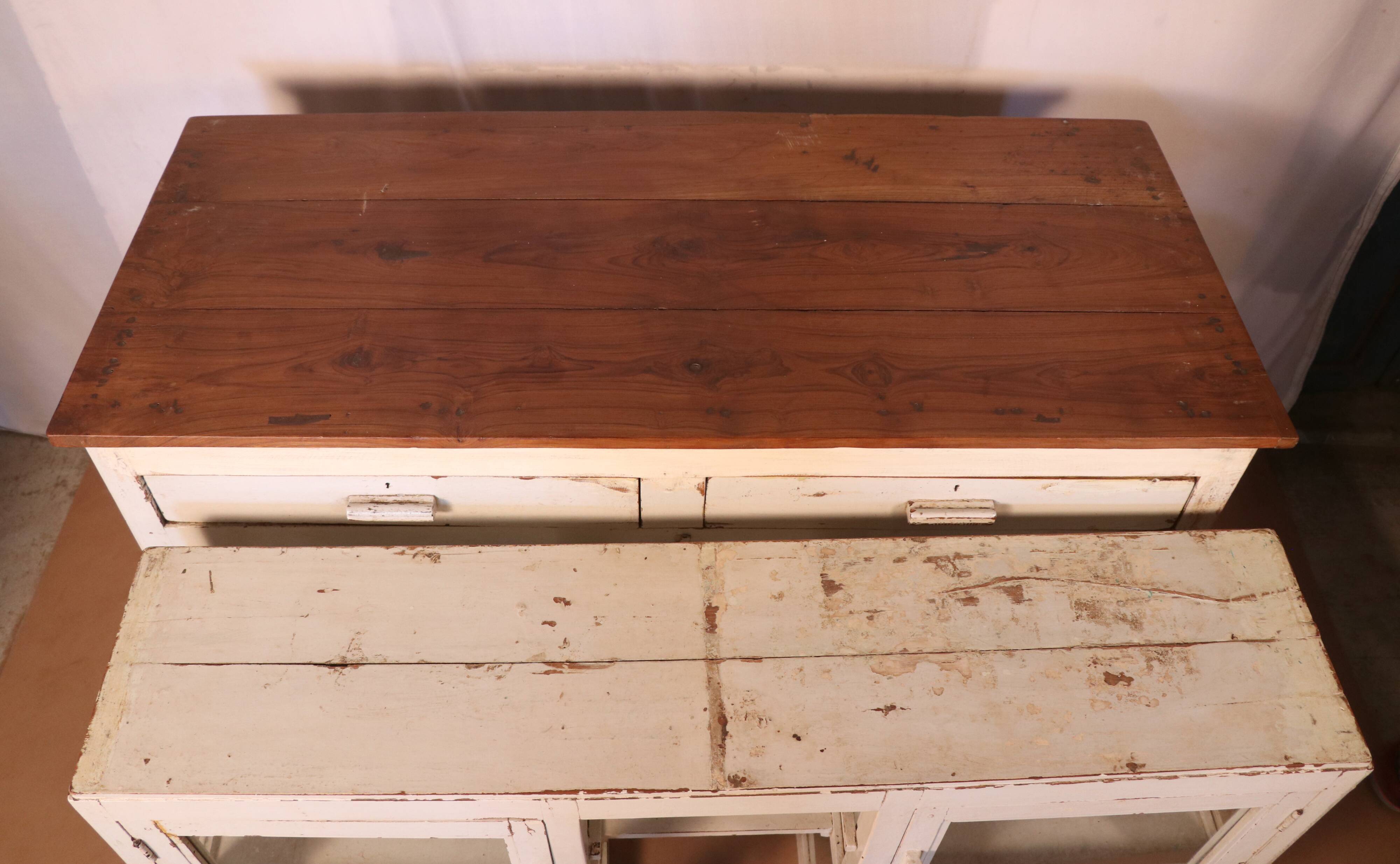 Merchant counter in Burmese teak with original white patina