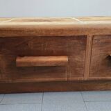 Vintage 1970 coffee table in solid oak & ceramic