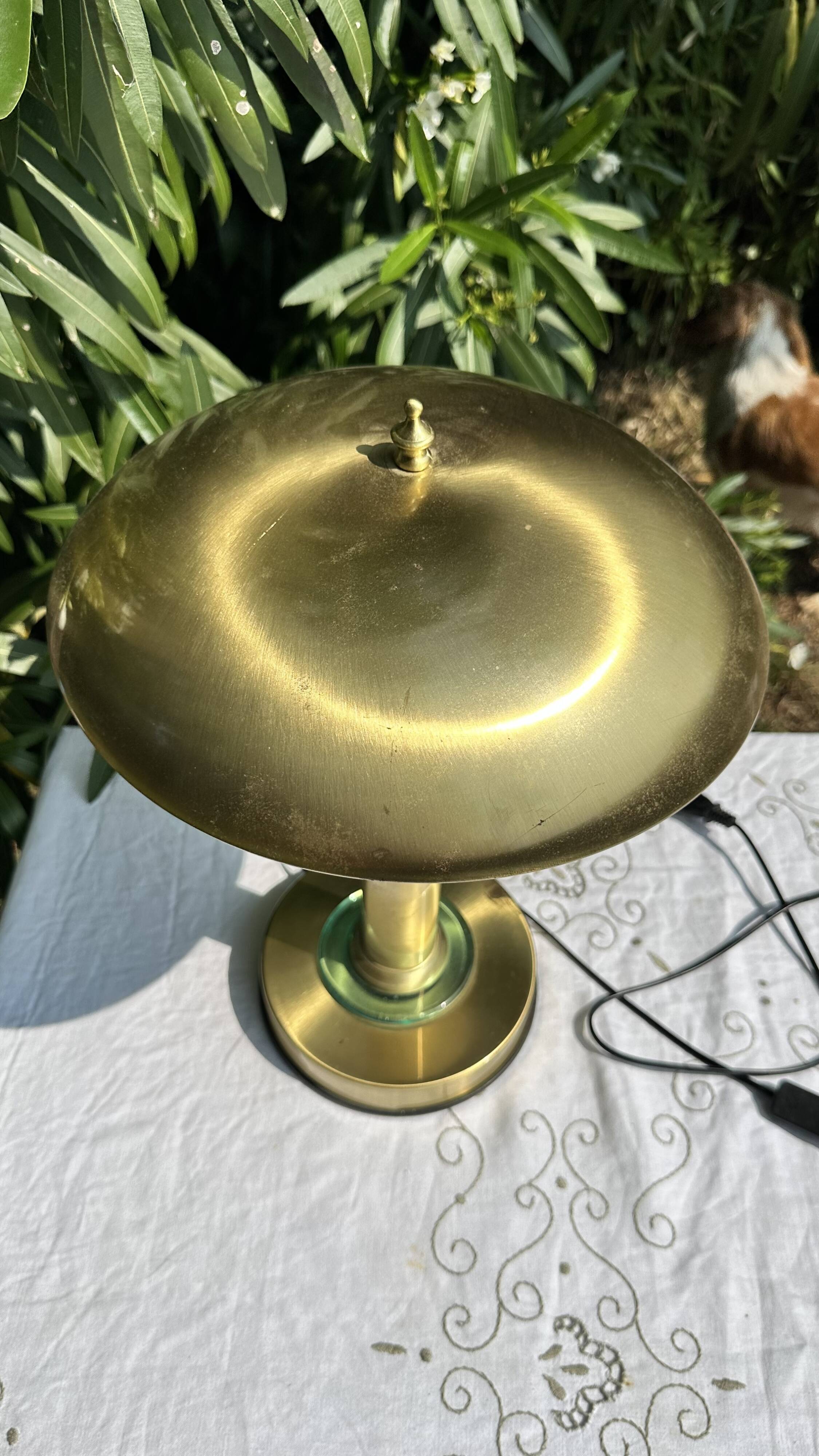 70s Large Vintage Mushroom Lamp - Glass & Gold Metal