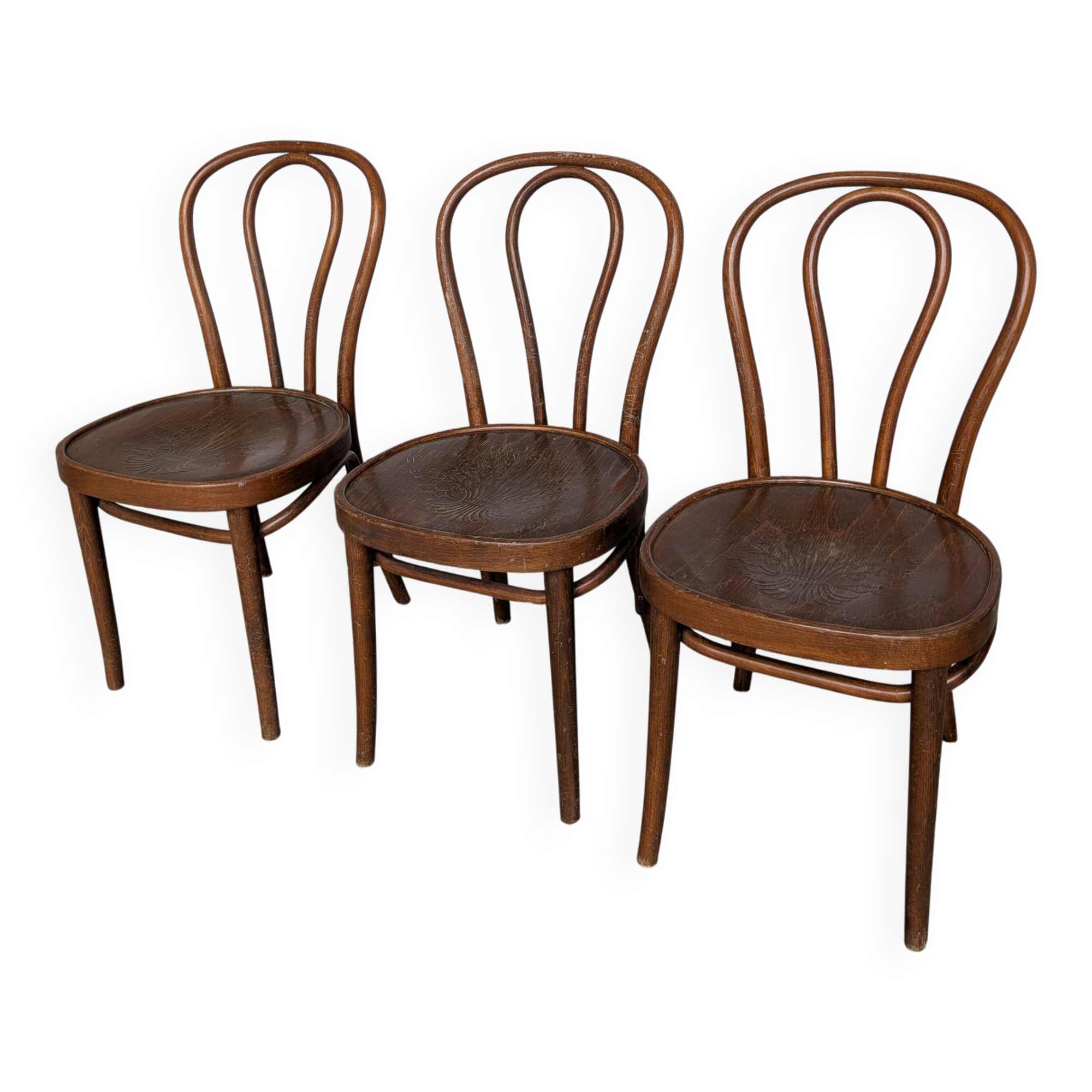 Set of 3 Vintage Thonet Style Bentwood Chair, Carved Wood Dining Chair