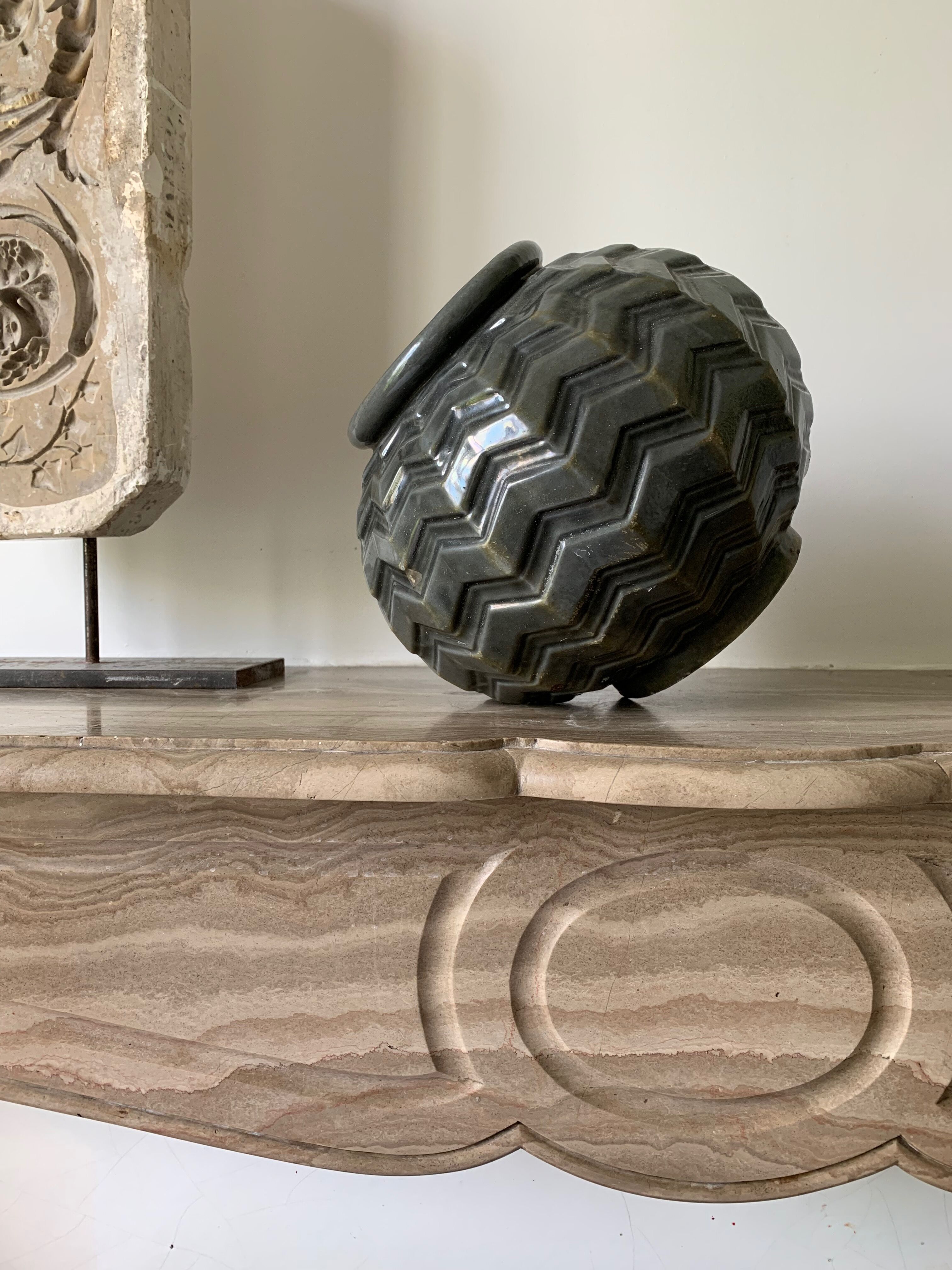 Vase grey ball cast iron emmaille pattern triangle art deco