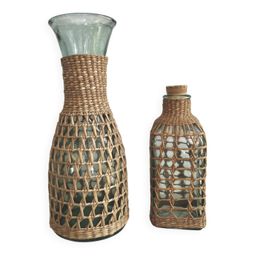 Carafe et carafon en verre osier/rotin