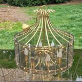 70s designer chandelier with smoked glass plates and gold metal frame