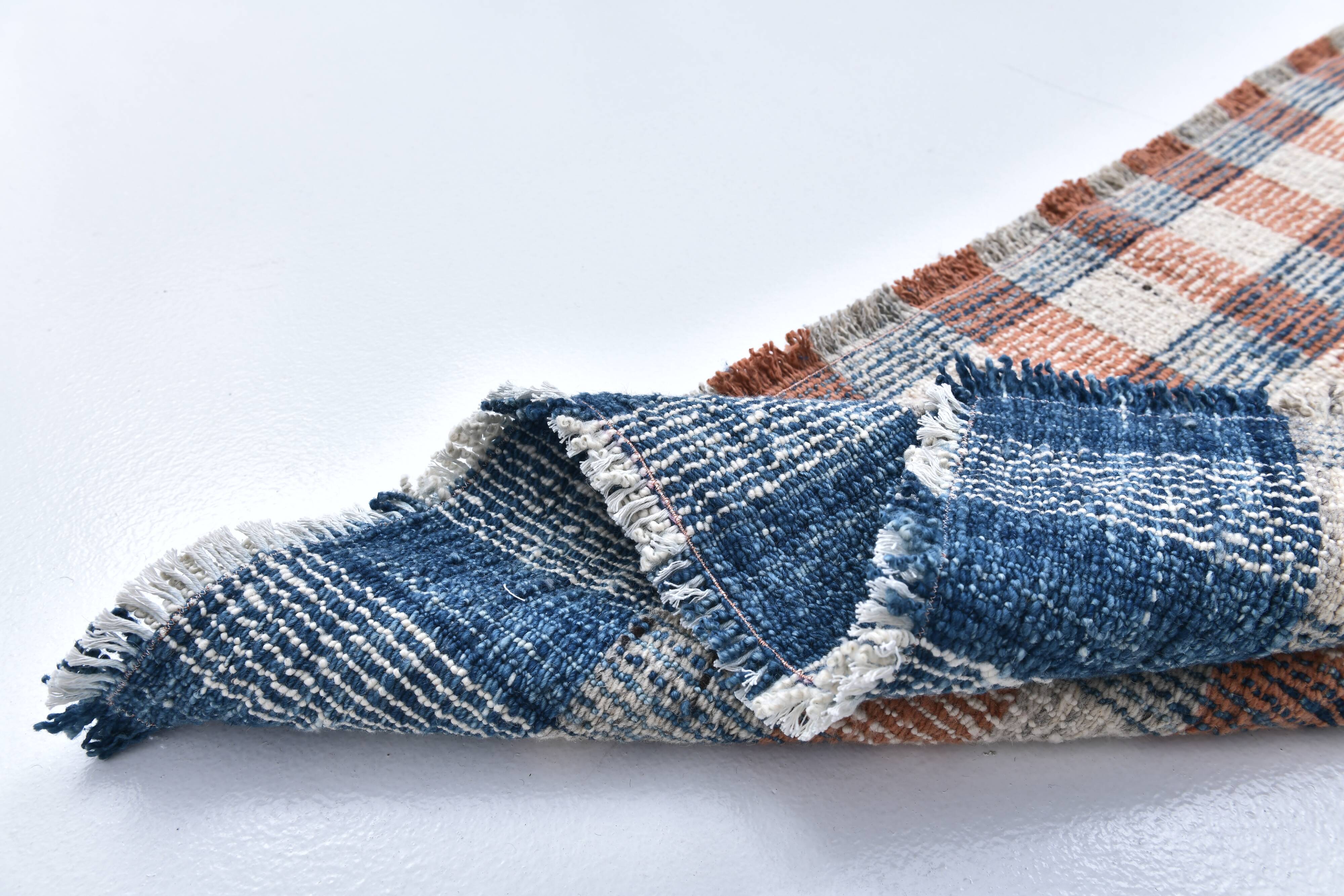 85x325 cm Runner Rug, Blue Terracota Hand made Rug, Made With Wool.