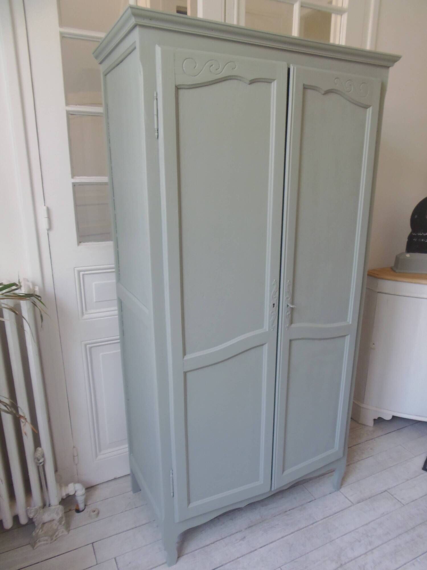 Wardrobe, dresser, vintage linen 2 doors green gray waxed finish.