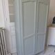 Wardrobe, dresser, vintage linen 2 doors green gray waxed finish.