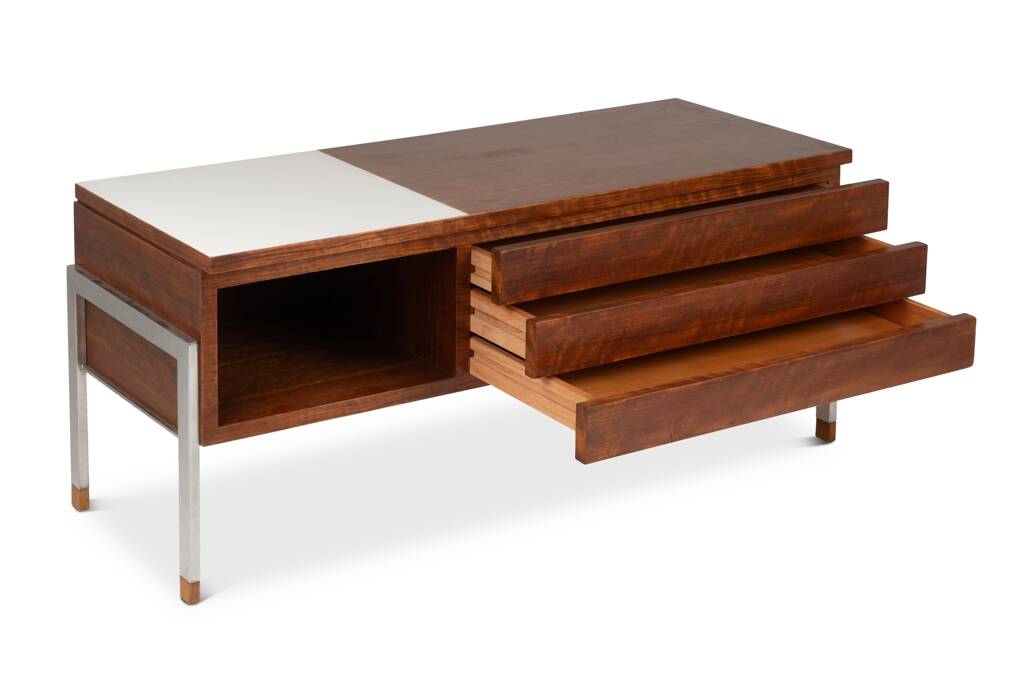 Pair of low chests of drawers in teak and chrome metal. 1960s.