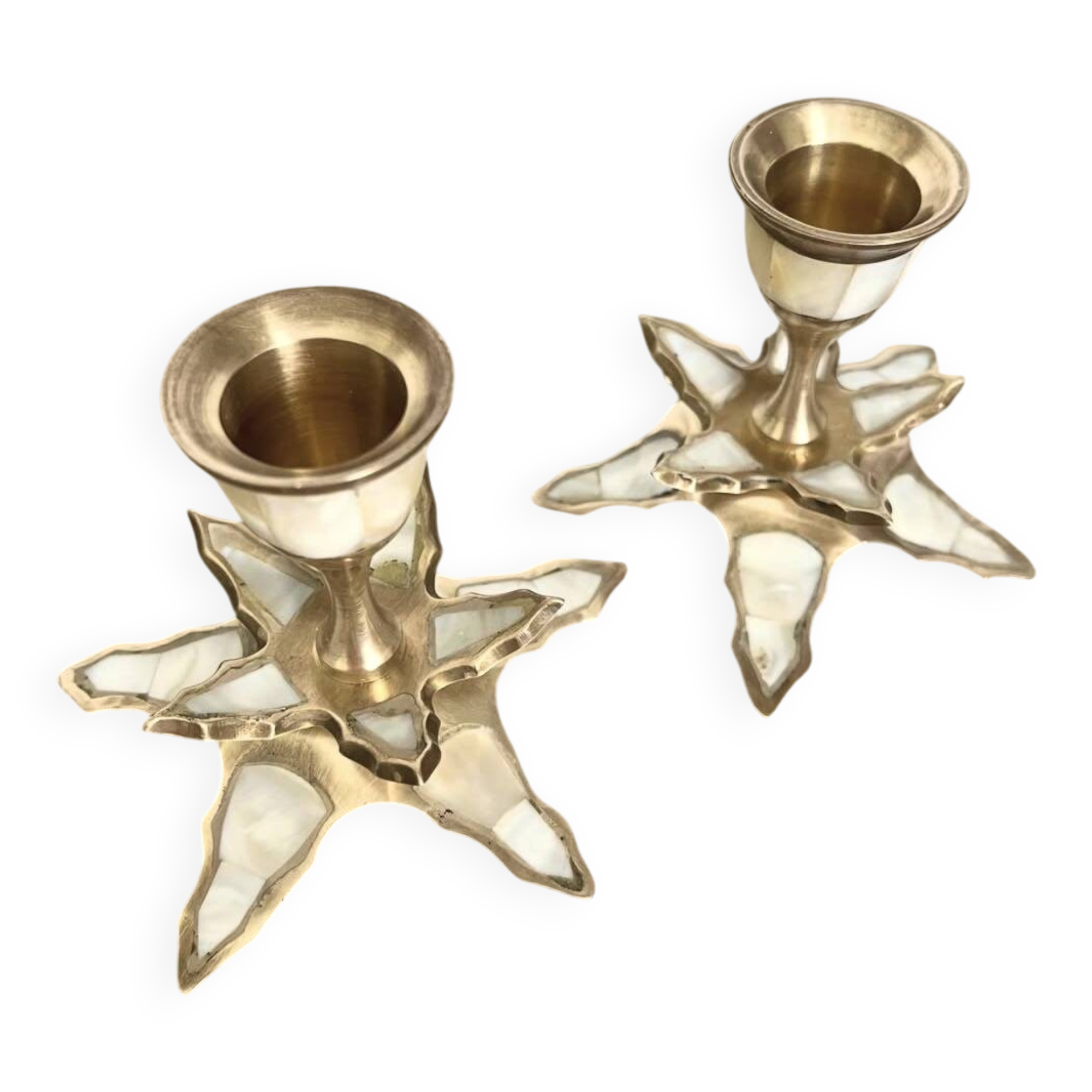 Pair of vintage brass and mother-of-pearl candle holders