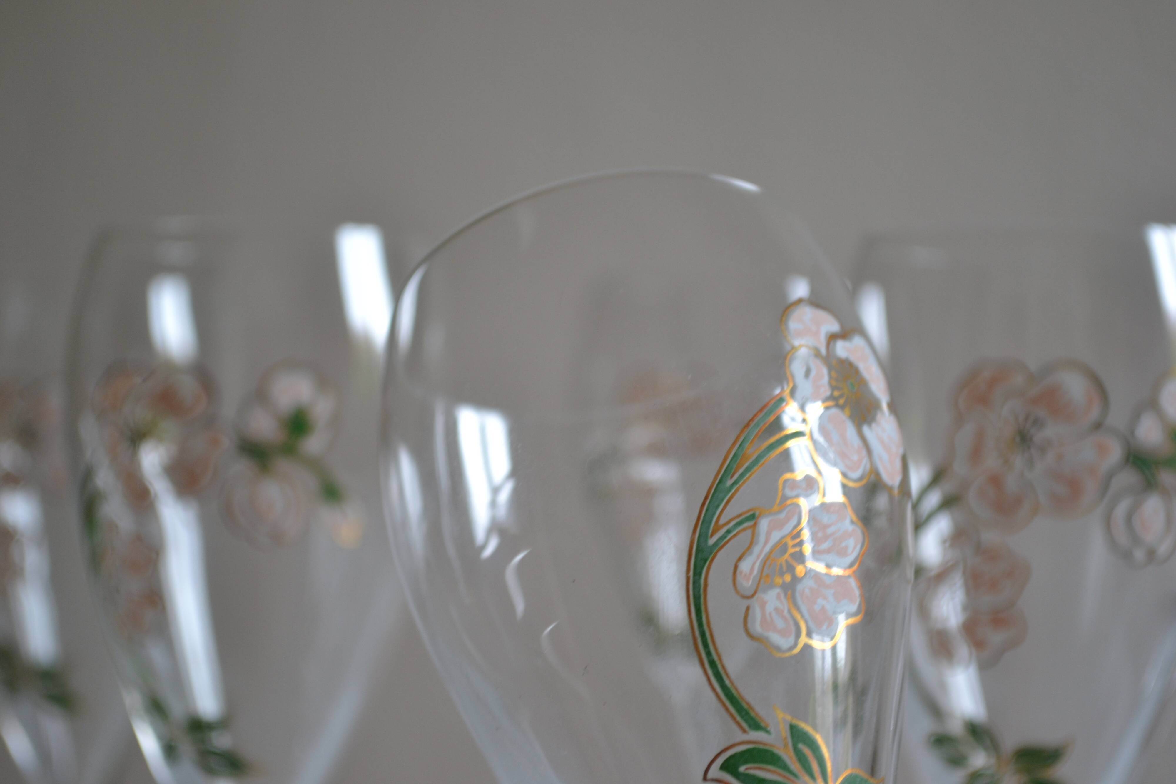 6 champagne flutes Perrier Jouet model Belle Époque by Emile Gallé