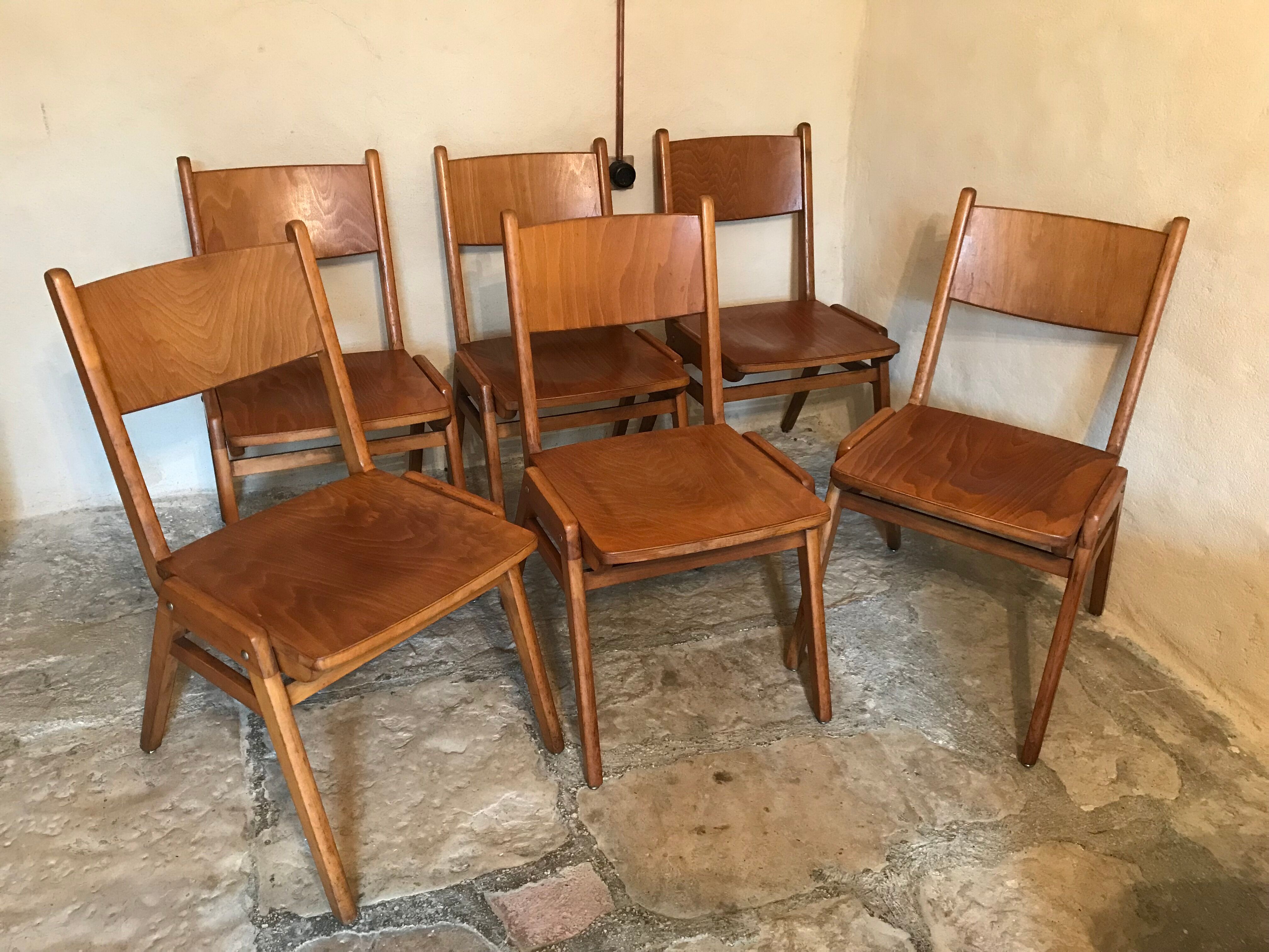 Set of 6 vintage wooden stackable chairs compass legs Germany 1960's