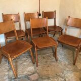 Set of 6 vintage wooden stackable chairs compass legs Germany 1960's