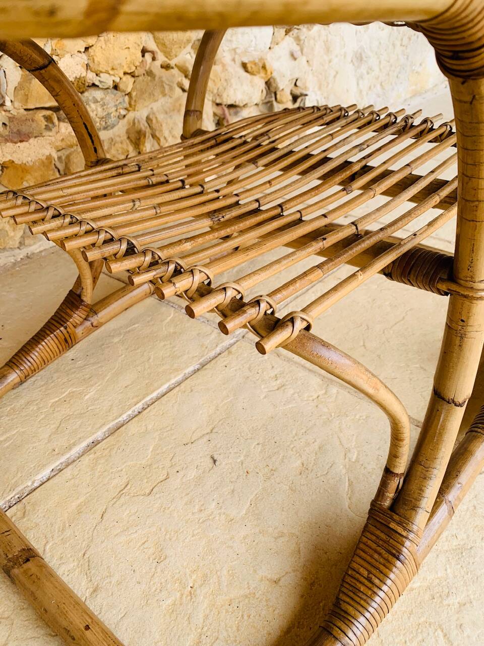 Table basse vintage en bambou et rotin dans le goût de Tito Agnoli, circa 1960