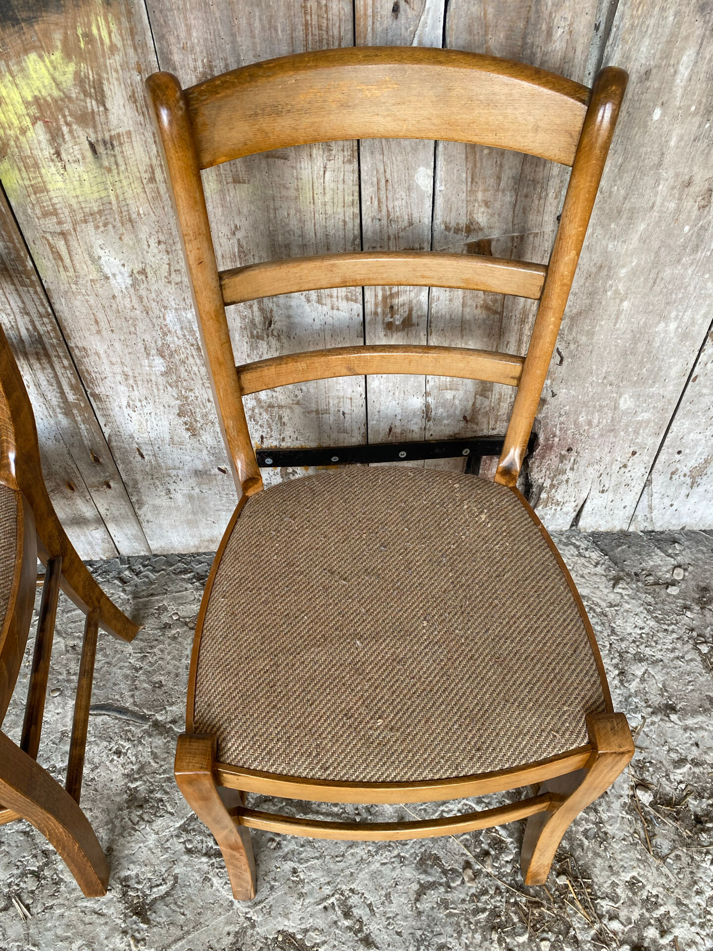 Set of 3 Antique BAUMANN Chairs Wood + Vintage Fabric Cushion Seat