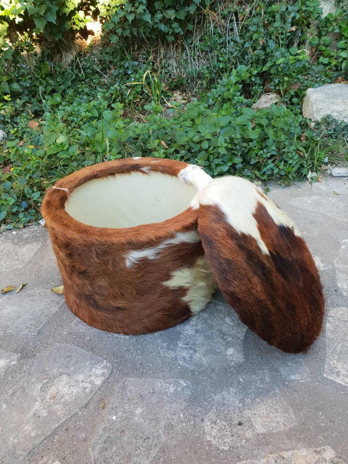 Cowhide chest pouf, 1970
