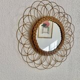 Vintage 1960s sun flower rattan wicker mirror - 49 cm