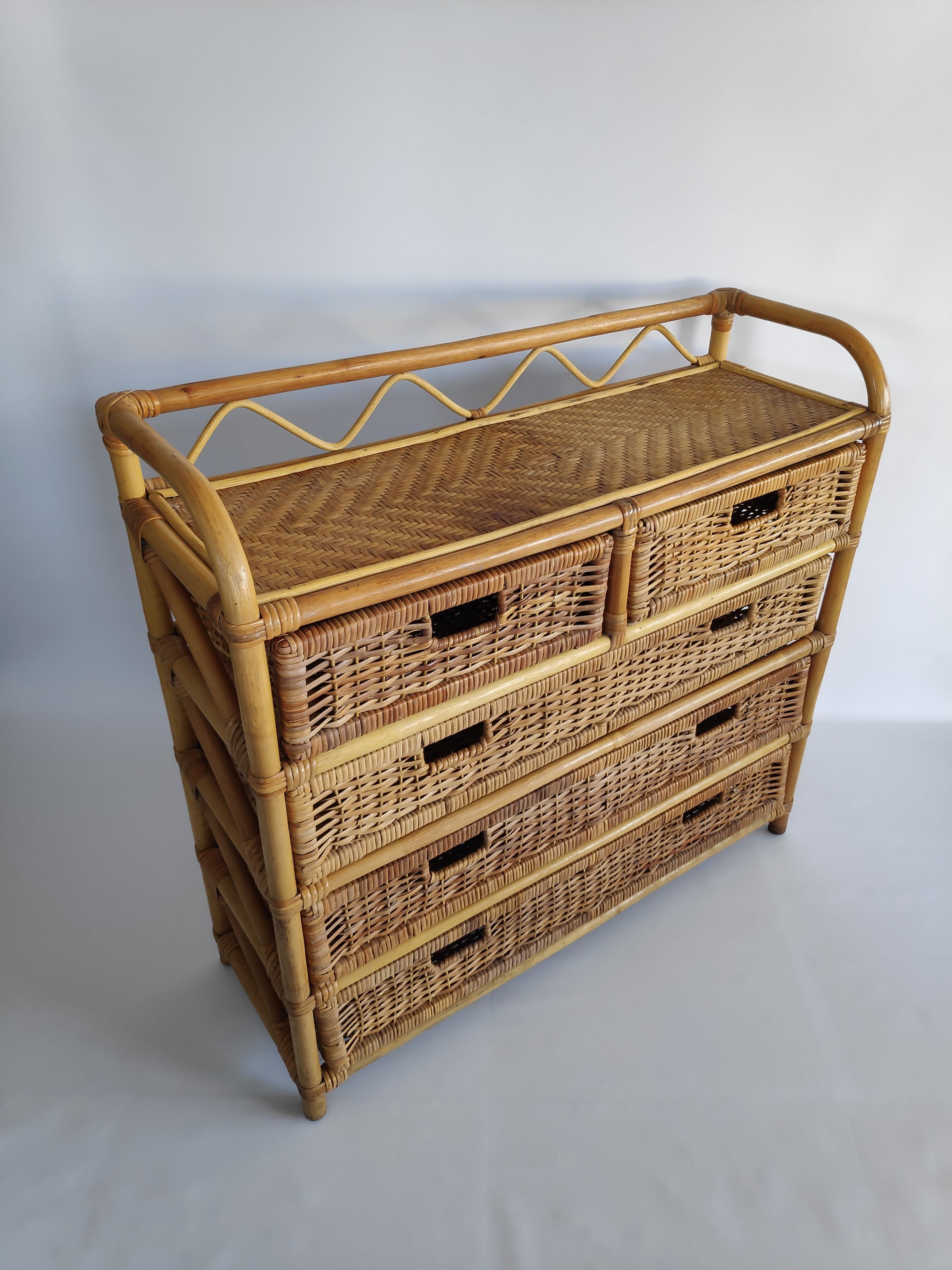 Chest of drawers vintage rattan and wicker of the 1970s