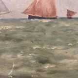 Peinture à l'huile vintage du XIXe siècle représentant un voilier en mer