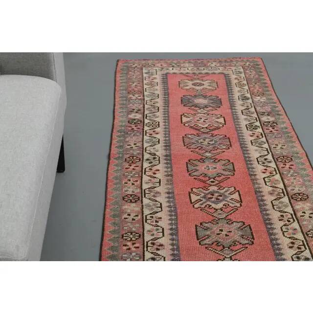 1970s Vintage Turkish Handmade Wool & Cotton Pink Runner Rug 82x359