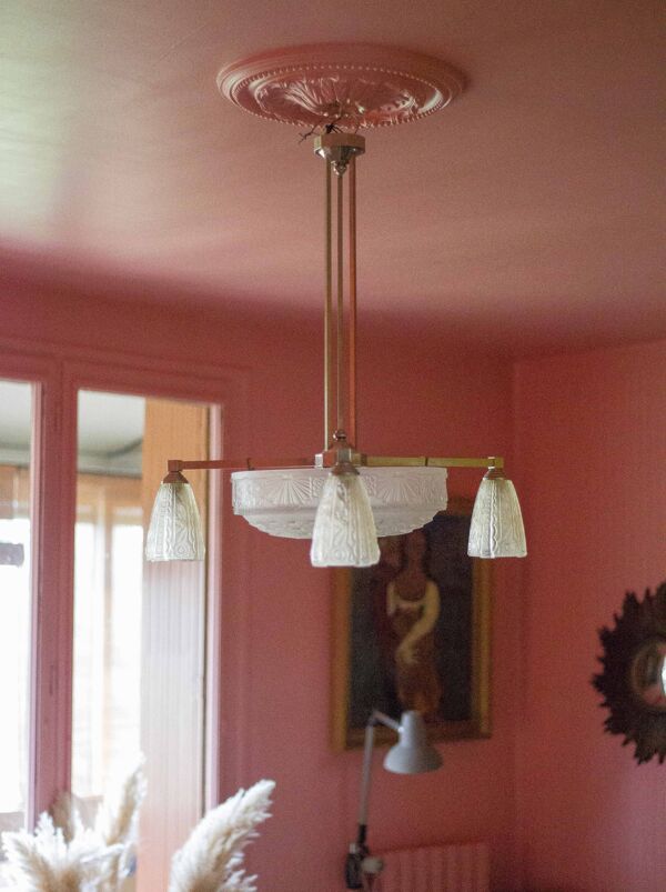 Lustre art déco bronze nickelé avec verre tulipe art déco, lampe de plafond, suspension art déco, 30