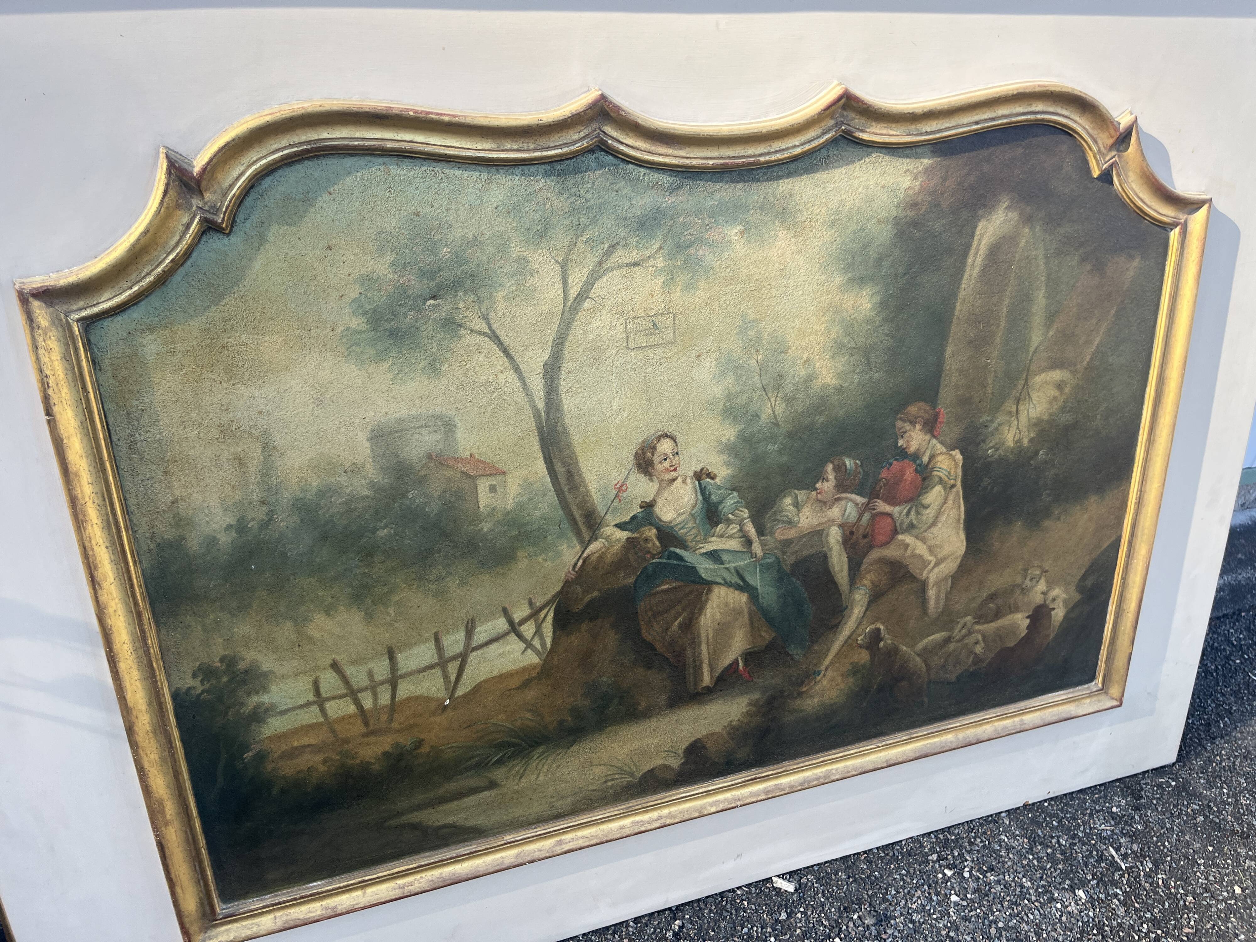 Antique Fireplace Trumeau in Louis XV Style - Gallant / Pastoral Scene at the