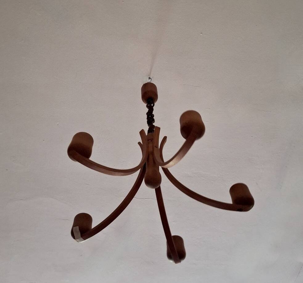 Teak variable height chandelier with 5 arms  by Domus, Denmark 1970s