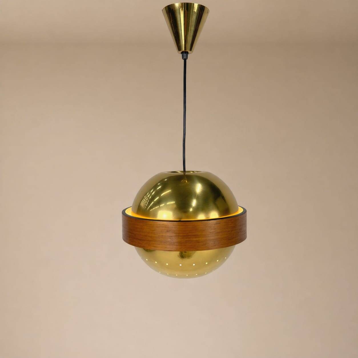 Mid-century Scandinavian brass and teak pendant, 1960s