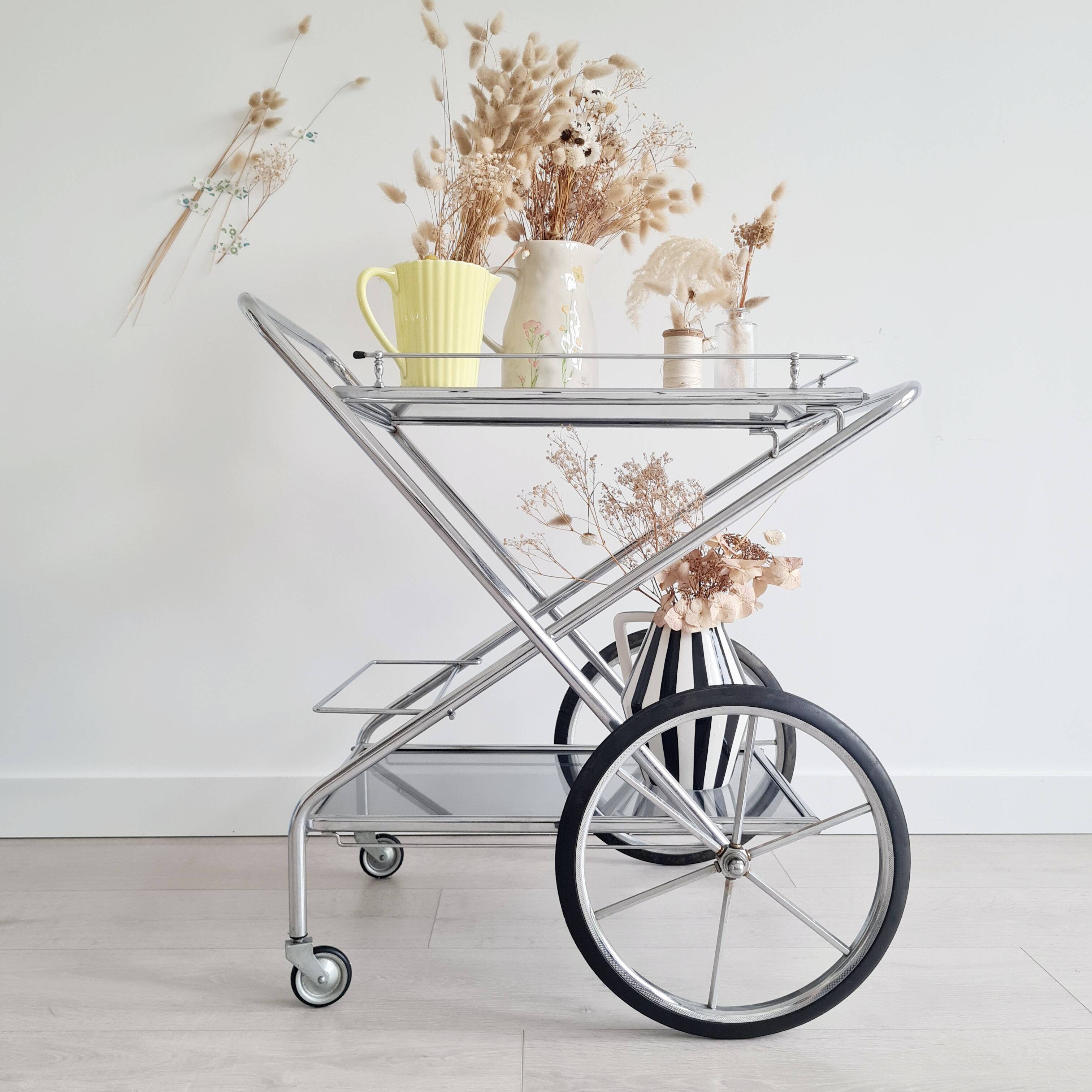 Rolling trolley - chrome and glass shelves