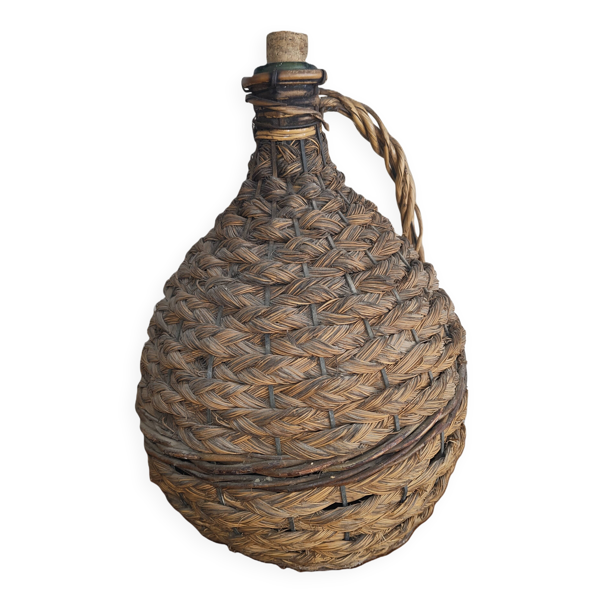 Old Woven Dame-Jeanne with Handle and Cork Stopper